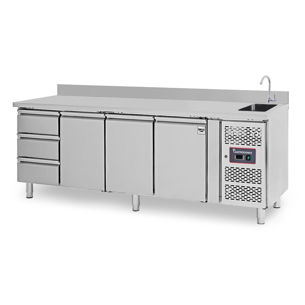Mesa fregadero fría equipada con 3 cajones y 3 puertas con peto, profundidad 700 mm, temperatura +2°C/+8°C - grifo Ø 25 mm