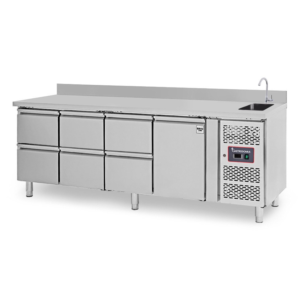Mesa fregadero refrigerada con 6 cajones y 1 puerta con peto, profundidad 700 mm, temperatura +2°C/+8°C - grifo Ø 25 mm