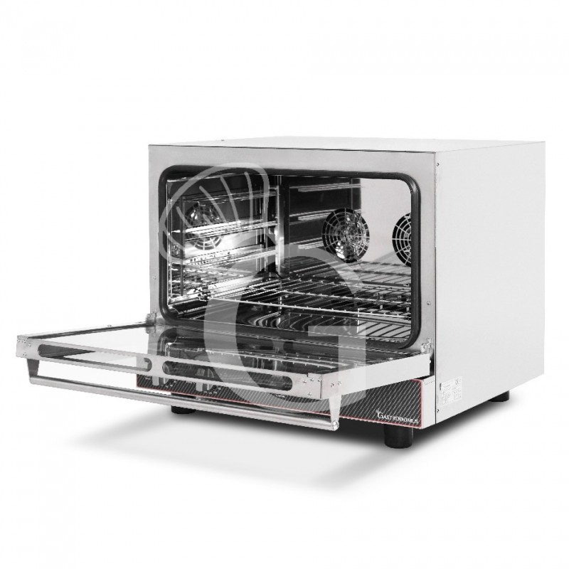 Horno eléctrico , con humidificador, mandos mecánicos, puerta abatible, monofásico para 4 bandejas 600 x 400 mm o GN1/1