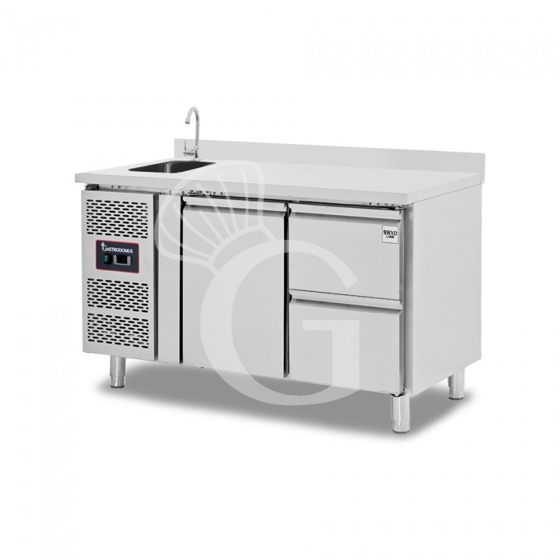 Mesa fregadero refrigerada con peto equipada con 2 cajones y 1 puerta, profundidad 700 mm, temperatura +2°C/+8°C - grifo Ø 25 mm