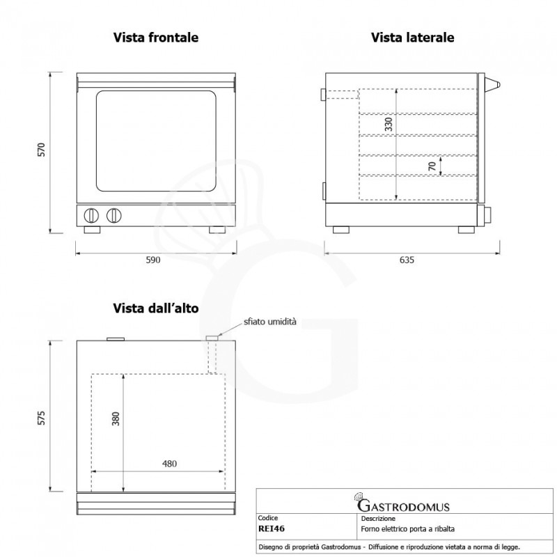 Horno eléctrico , mandos mecánicos, puerta abatible, monofásico para 4 bandejas 460x340 mm