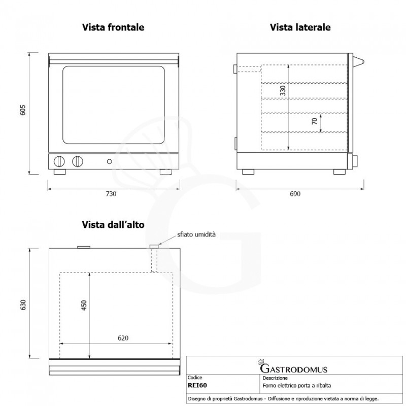 Horno eléctrico , con humidificador, mandos mecánicos, puerta abatible, monofásico para 4 bandejas 600 x 400 mm o GN1/1