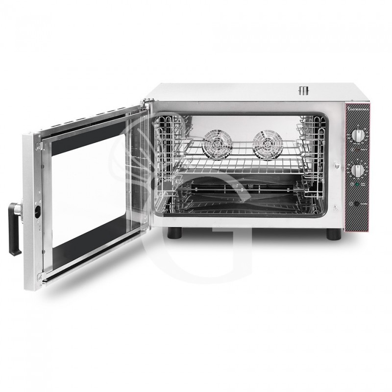 Horno eléctrio convección con humidificador, puerta apertura lateral, mandos mecánicos, trifásico, 4 bandejas 600x400 mm o GN1/1