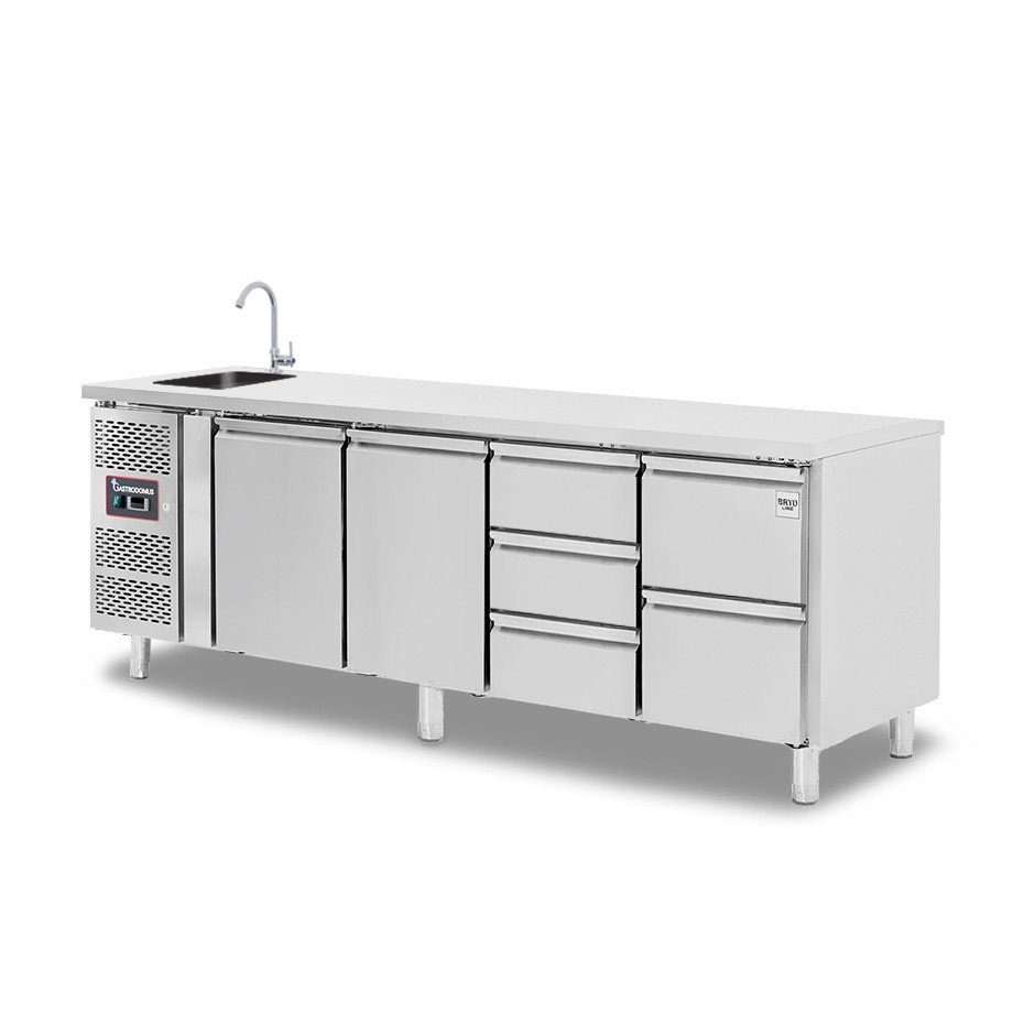 Mesa refrigerada 5 cajones 2 puertas con fregadero, motor a la izquierda, Prof. 700 mm, temp. +2°C/+8°C, con grifo