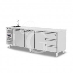 Mesa refrigerada con fregadero 3 cajones 3 puertas - motor a la izquierda, Prof. 700 mm, temp. +2°C/+8°C, con grifo