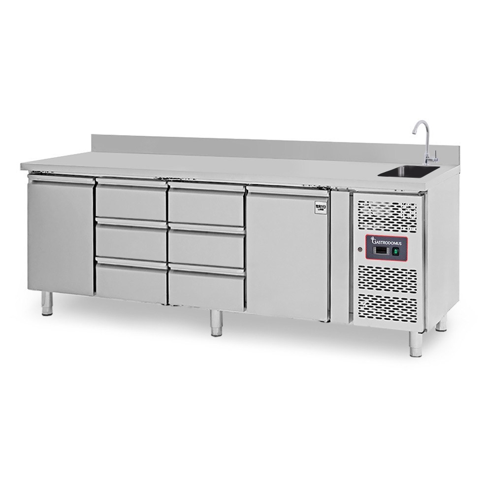 Mesa fregadero refrigerada  con 6 cajones y 2 puertas con peto, profundidad 700 mm, temperatura +2°C/+8°C - grifo Ø 25 mm