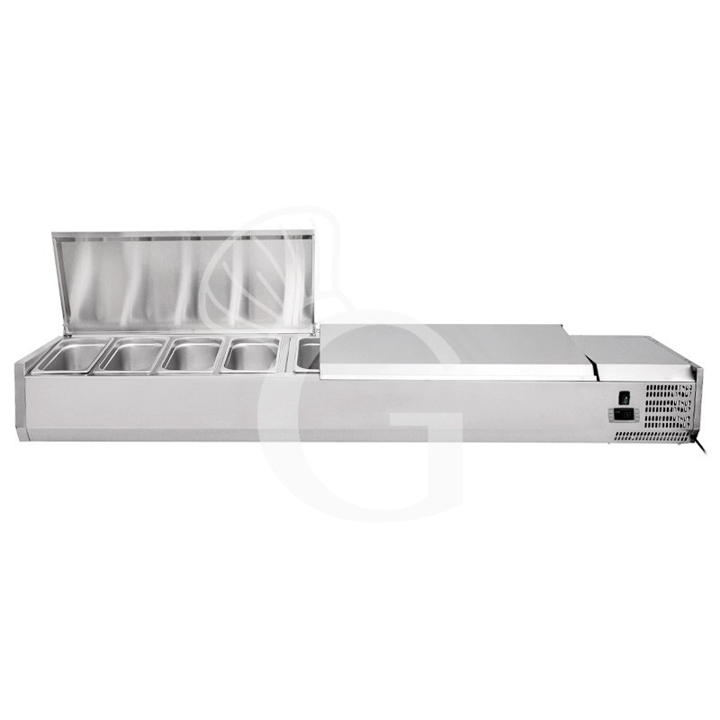 Vitrina refrigerada para pizzería con tapa de acero inoxidable L 1500 mm para 7 cubetas GN1/4