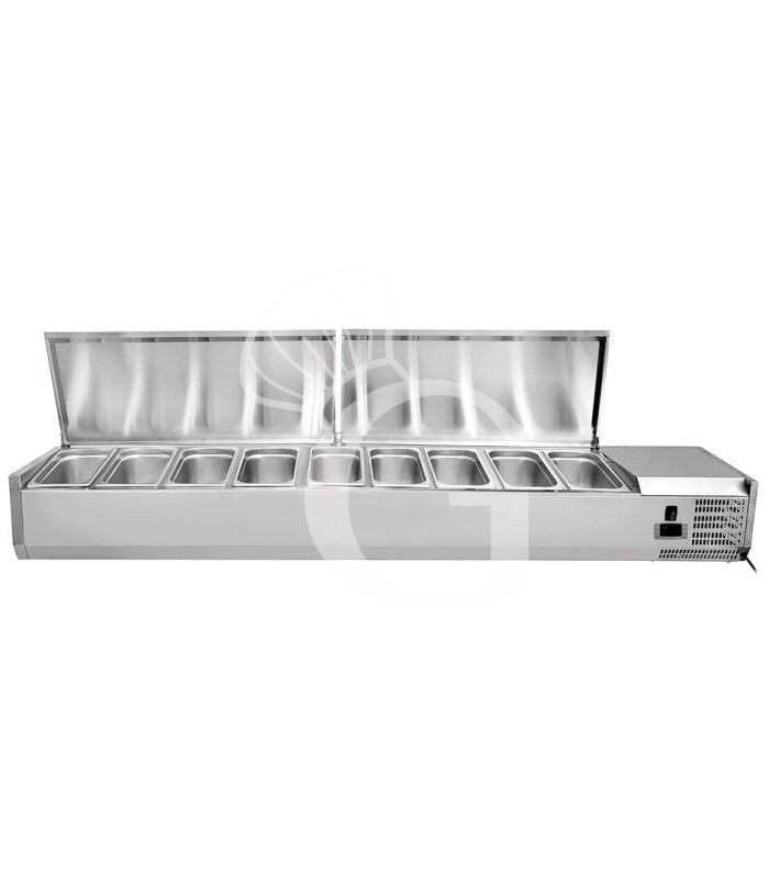 Vitrina refrigerada para pizzería con tapa de acero inoxidable L 1800 mm para 9 cubetas GN1/4