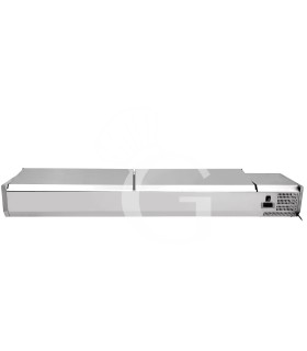 Vitrina refrigerada para pizzería con tapa de acero inoxidable L 2000 mm para cubetas 10 GN1/4