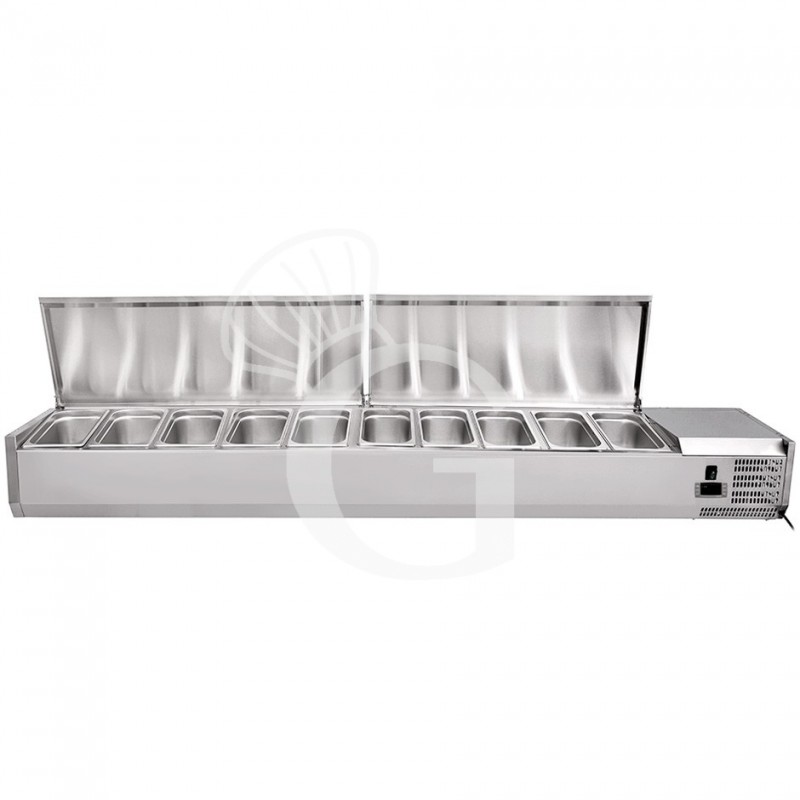 Vitrina refrigerada para pizzería con tapa de acero inoxidable L 2000 mm para cubetas 10 GN1/4