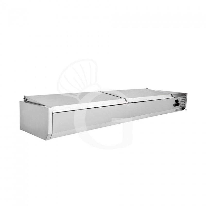 Vitrina refrigerada para pizzería con tapa de acero inoxidable L 1500 mm para 7 cubetas GN1/4