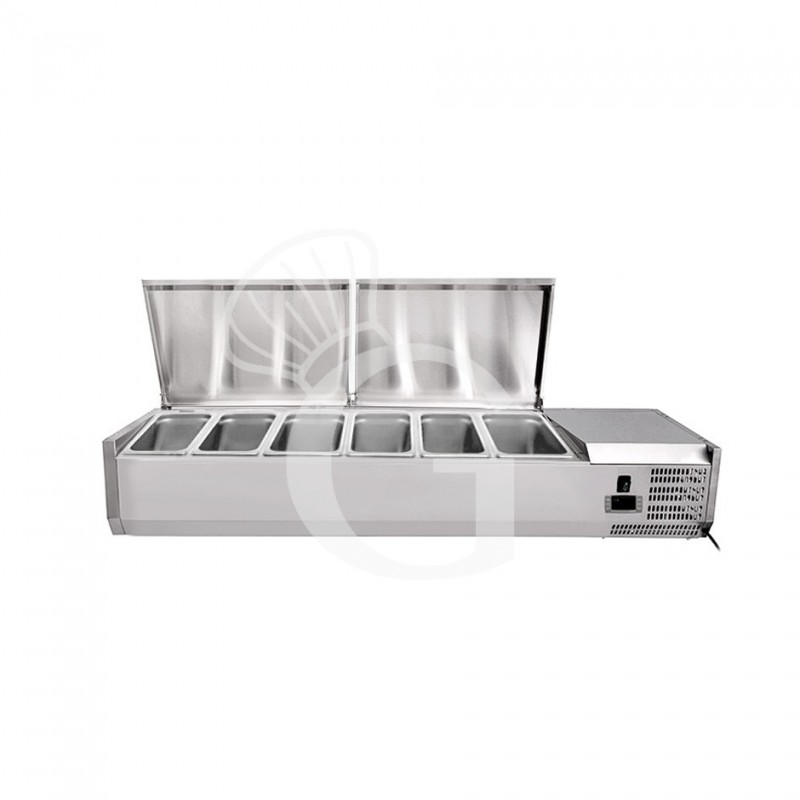 Vitrina refrigerada para pizzería con tapa de acero inoxidable L 1400 mm para 6 cubetas GN1/4