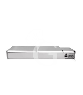 Vitrina refrigerada para pizzería con tapa de acero inoxidable L 1400 mm para 4 cubetas GN1/3 + 1 de GN1/2