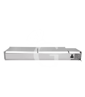 Vitrina refrigerada para pizzería con tapa de acero inoxidable L 1500 mm para 5 cubetas GN1/3 + 1 GN1/2