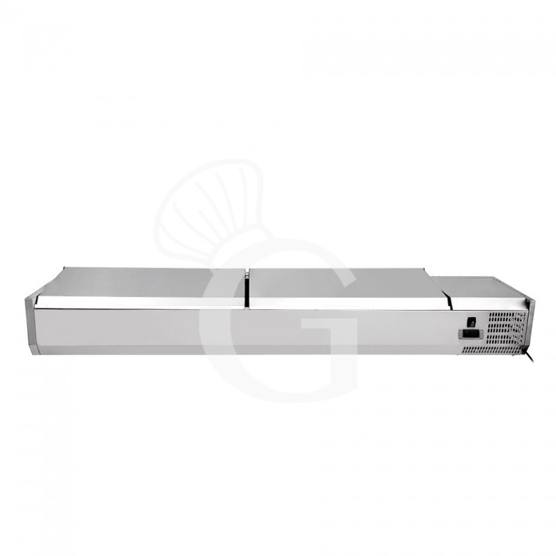 Vitrina refrigerada para pizzería con tapa de acero inoxidable L 1500 mm para 5 cubetas GN1/3 + 1 GN1/2