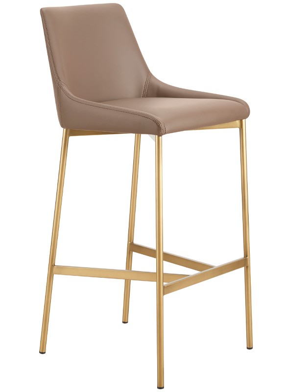 Taburete con estructura de metal en color latón satinado, asiento y respaldo revestidos en tela o ecopiel