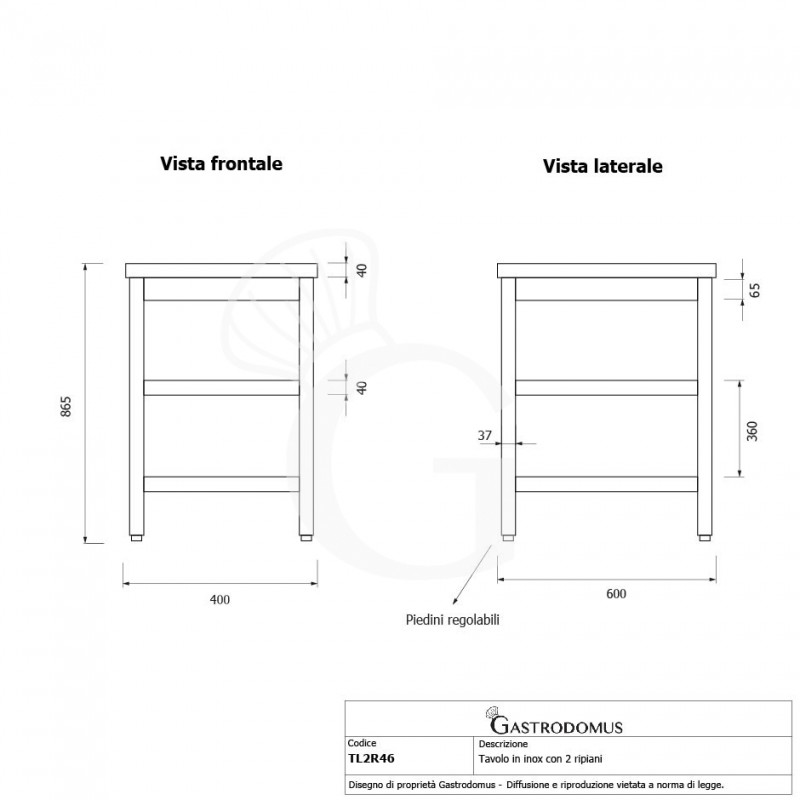 Mesa de trabajo de acero inoxidable con 2 estantes, L 400 mm x P 600 mm x A 865 mm
