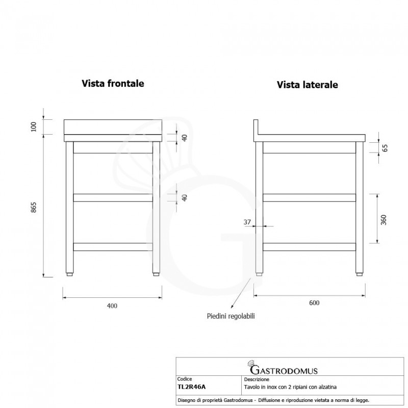 Mesa de acero inoxidable 2 estantes y peto L 400 mm x P 600 mm x A 965 mm