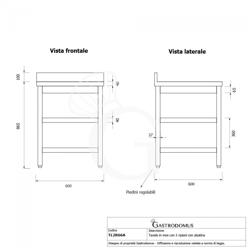 Mesa de acero inoxidable 2 estantes y peto L 600 mm x P 600 mm x A 965 mm