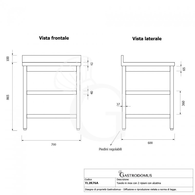 Mesa de acero inoxidable 2 estantes y peto L 700 mm x P 600 mm x A 965 mm