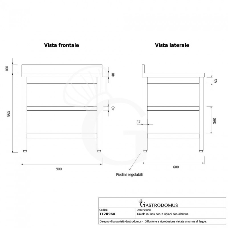 Mesa de acero inoxidable con 2 estantes y peto L 900 mm x P 600 mm x A 965 mm