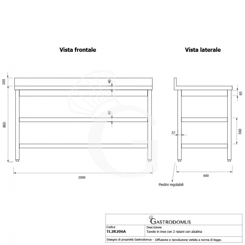 Mesa de trabajo de acero inoxidable con 2 estantes y peto, L 2000 mm x P 600 mm x A 965 mm