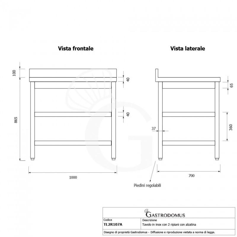 Mesa de acero inoxidable con 2 estantes y peto L 1000 mm x P 700 mm x A 965 mm