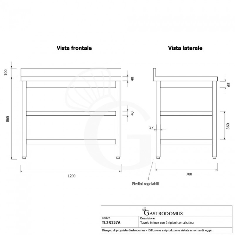 Mesa de trabajo de acero inoxidable con 2 estantes y peto, L 1200 mm x P 700 mm x A 965 mm