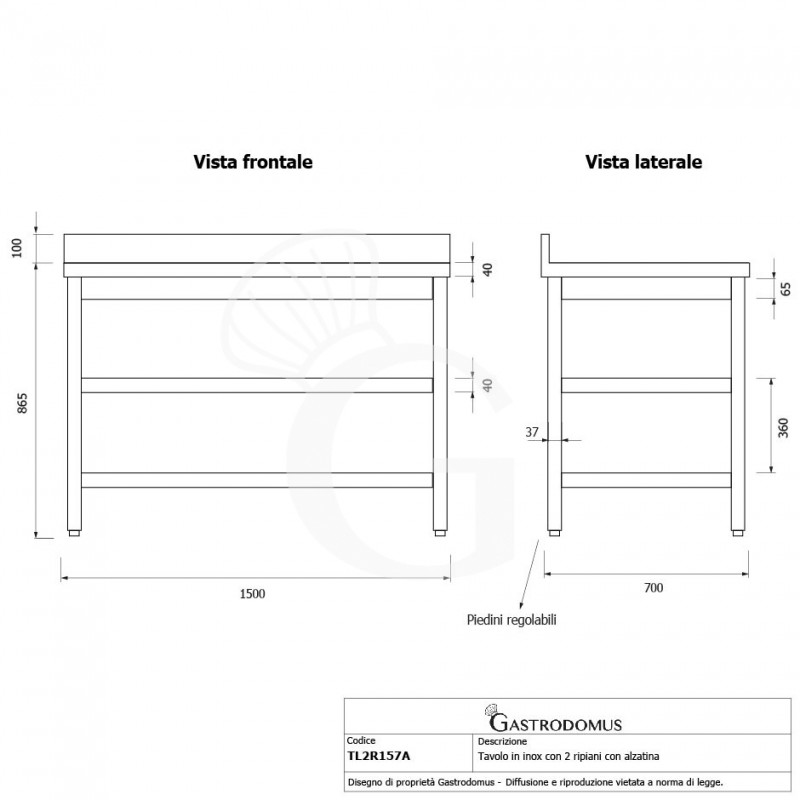Mesa de acero inoxidable con 2 estantes y peto L 1500 mm x P 700 mm x A 965 mm