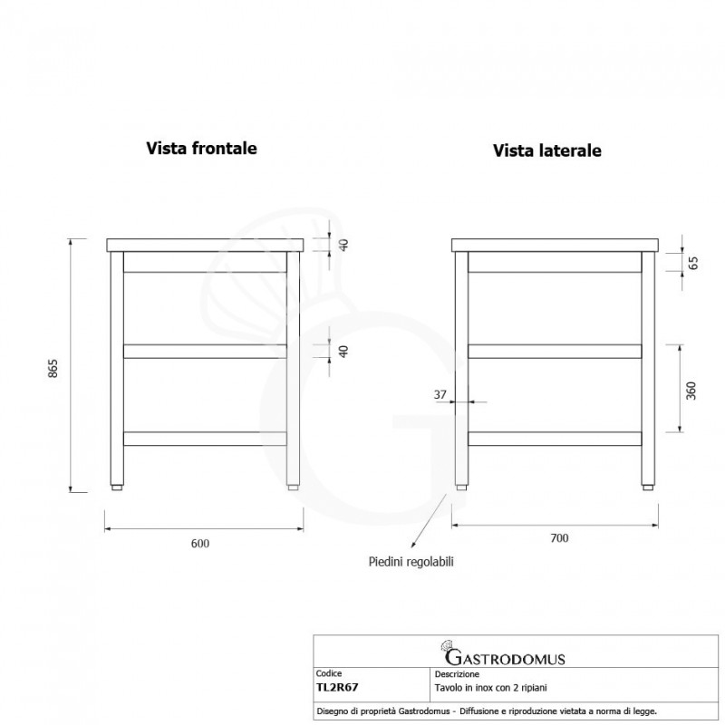 Mesa de acero inoxidable con 2 estantes L 600 mm x P 700 mm x A 865 mm