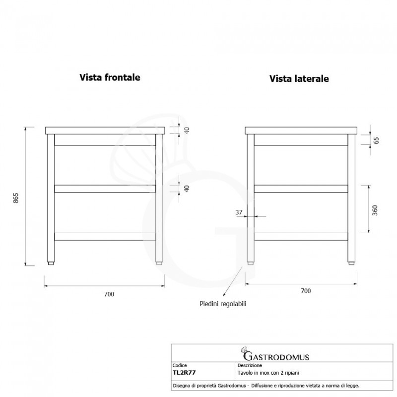 Mesa de acero inoxidable 2 estantes L 700 mm x P 700 mm x A 865 mm