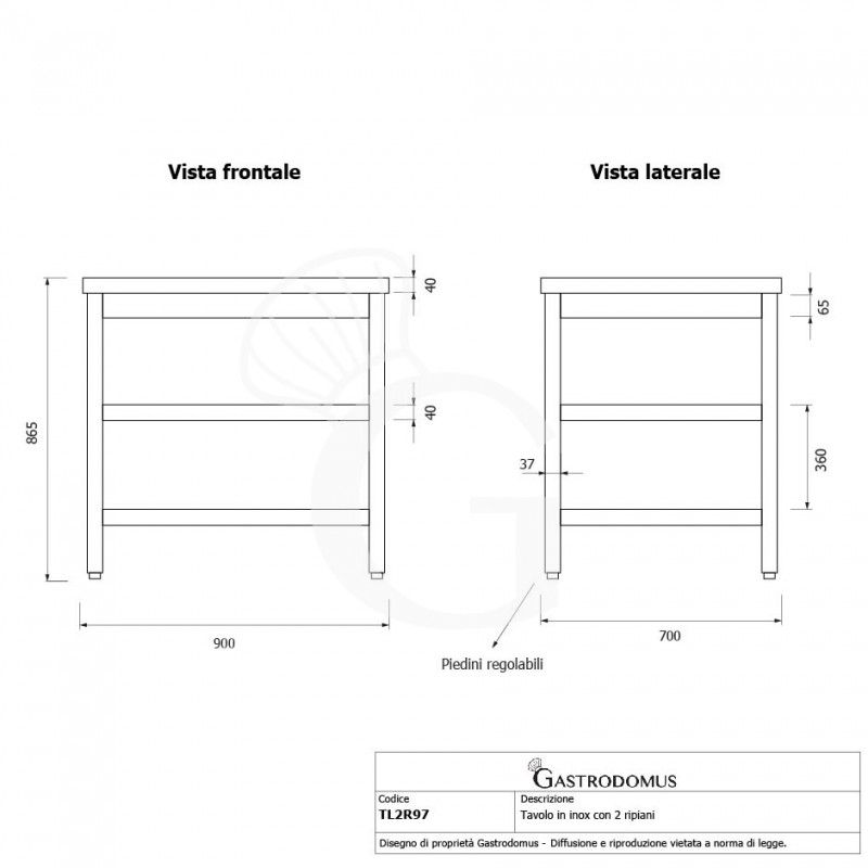 Mesa de acero inoxidable 2 estantes L 900 mm x P 700 mm x A 865 mm