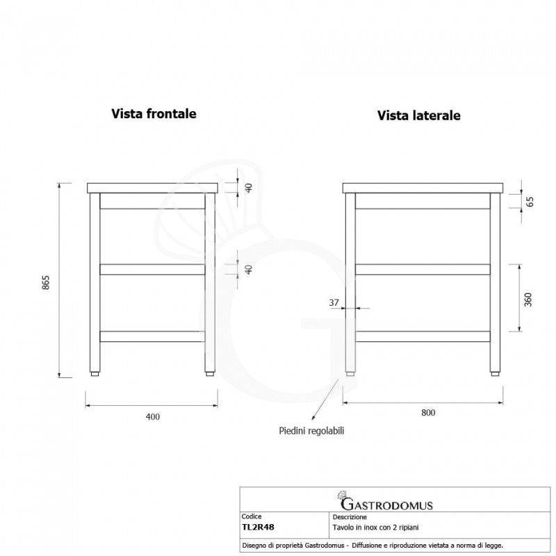 Mesa de acero inoxidable con 2 estantes, L 400 mm × P 800 mm × H 865 mm