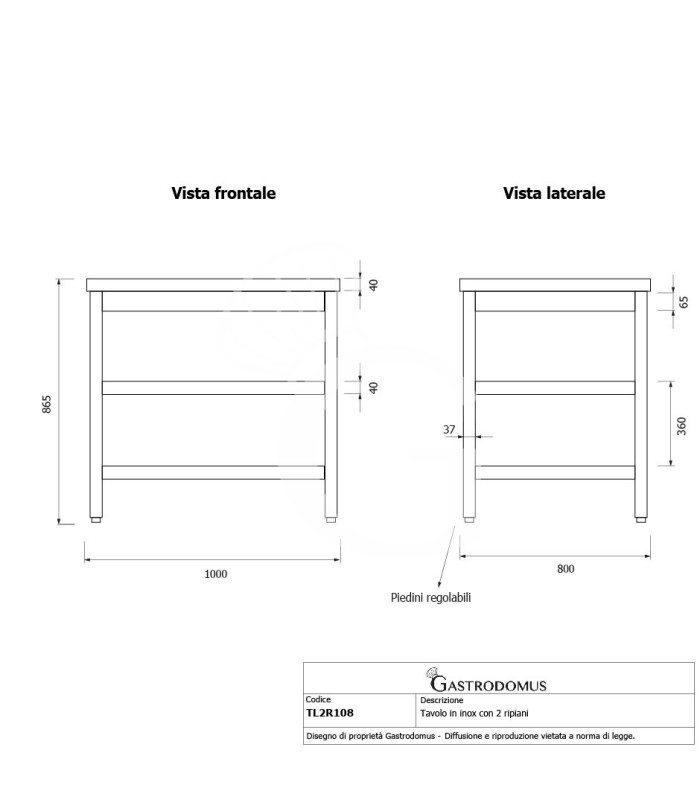 Mesa de trabajo de acero inoxidable con 2 estantes, L 1000 mm x P 800 mm x A 865 mm