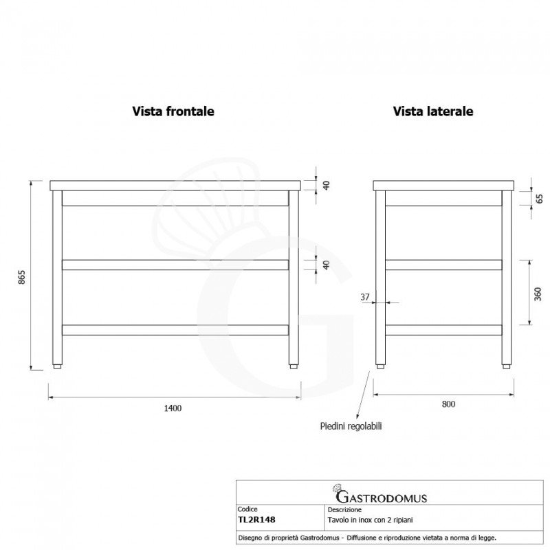 Mesa de acero inoxidable con 2 estantes L 1400 mm x P 800 mm x A 865 mm