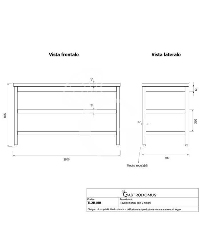 Mesa de acero inoxidable con 2 estantes L 1800 mm x P 800 mm x A 865 mm