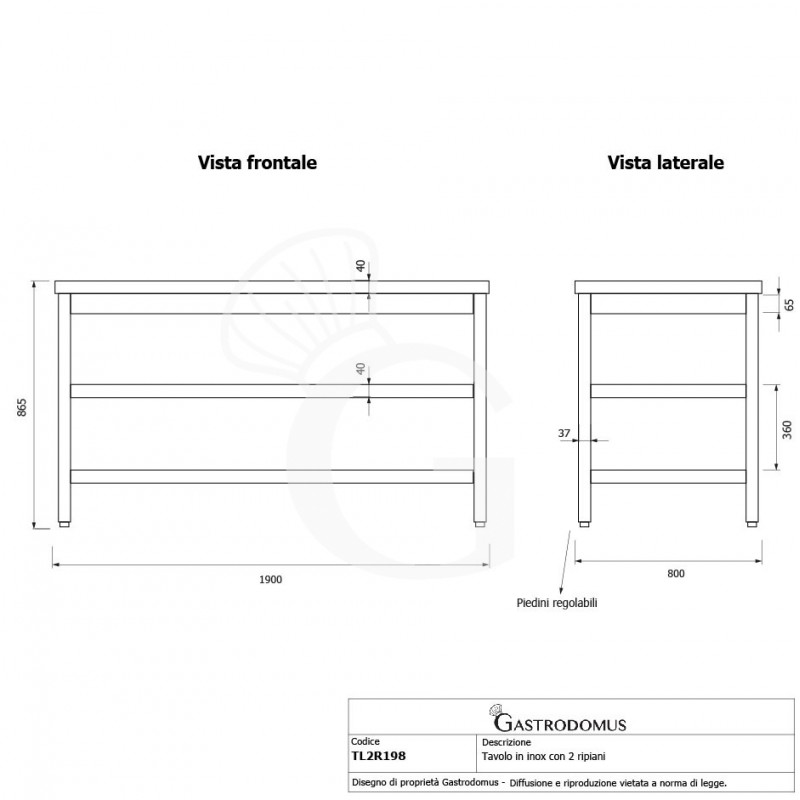 copy of Tavolo inox 2 ripiani L 1900 mm x P 800 mm x H 850 mm
