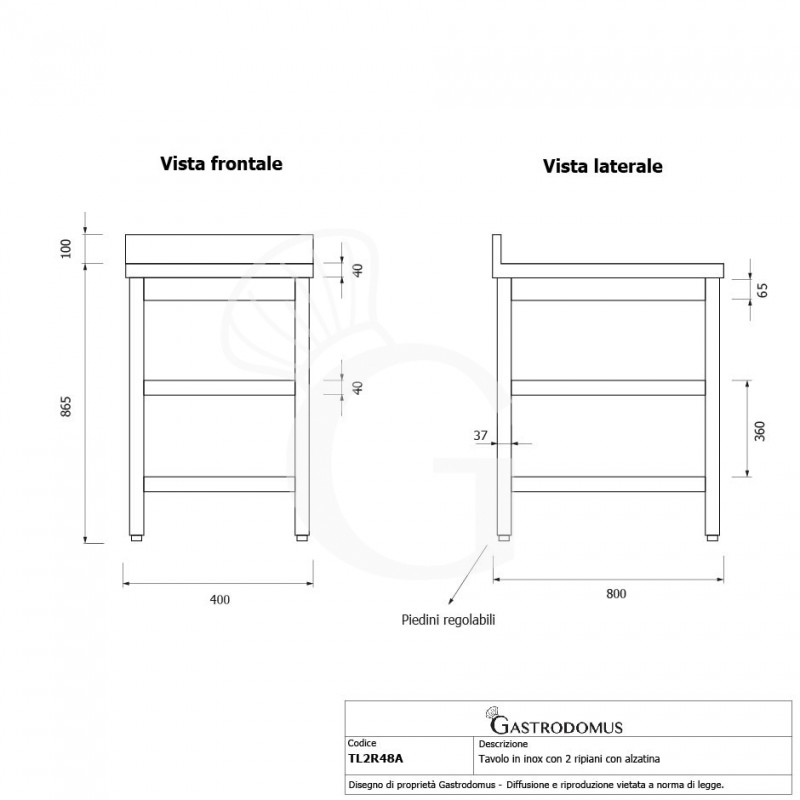 Mesa simple de acero inoxidable con 2 estantes, peto trasero, L 400 mm x P 800 mm x A 965 mm