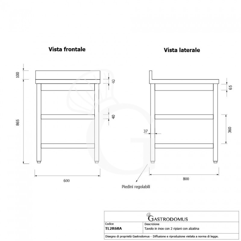 Mesa de acero inoxidable 2 estantes y peto L 600 mm x P 800 mm x A 965 mm