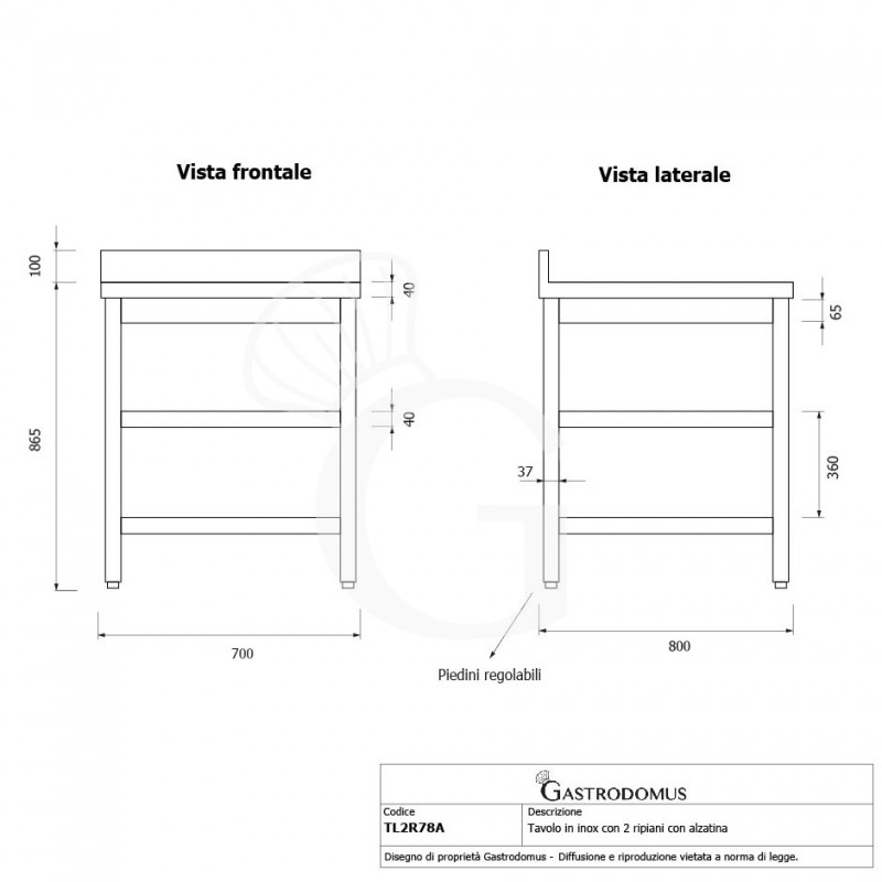 Mesa de trabajo de acero inoxidable con 2 estantes y peto, L 700 mm x P 800 mm x A 965 mm