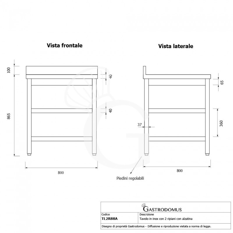 Mesa de acero inoxidable 2 estantes y peto L 800 mm x P 800 mm x A 965 mm