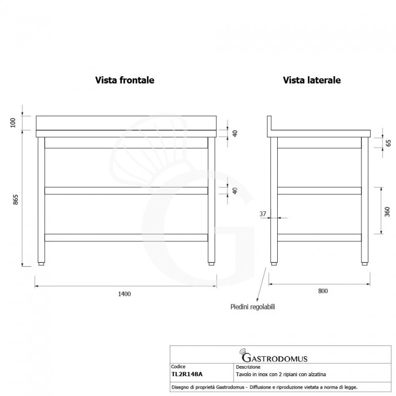 Mesa de acero inoxidable con 2 estantes y peto L 1400 mm x P 800 mm x A 965 mm