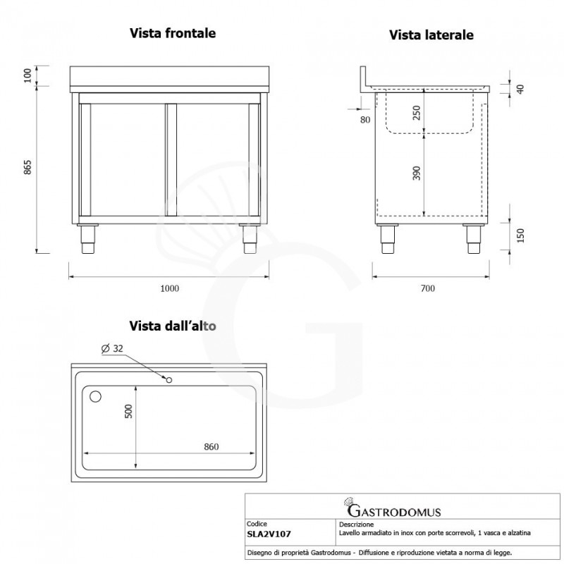 Fregadero para ollas con mueble inox 2 puertas correderas, peto, 1 cuba L 1000 mm x P 700 mm x A 965 mm agujero grifo Ø32mm