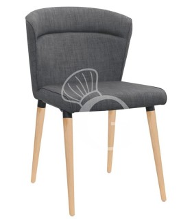 Silla de metal pintado, patas de madera de haya, asiento y respaldo acolchados, revestimiento en tejido