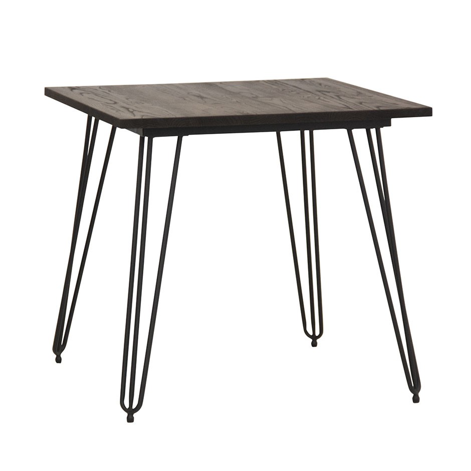 Mesa cuadrada de exterior en metal pintado y encimera de madera de dimensiones 800 mm x 800 mm