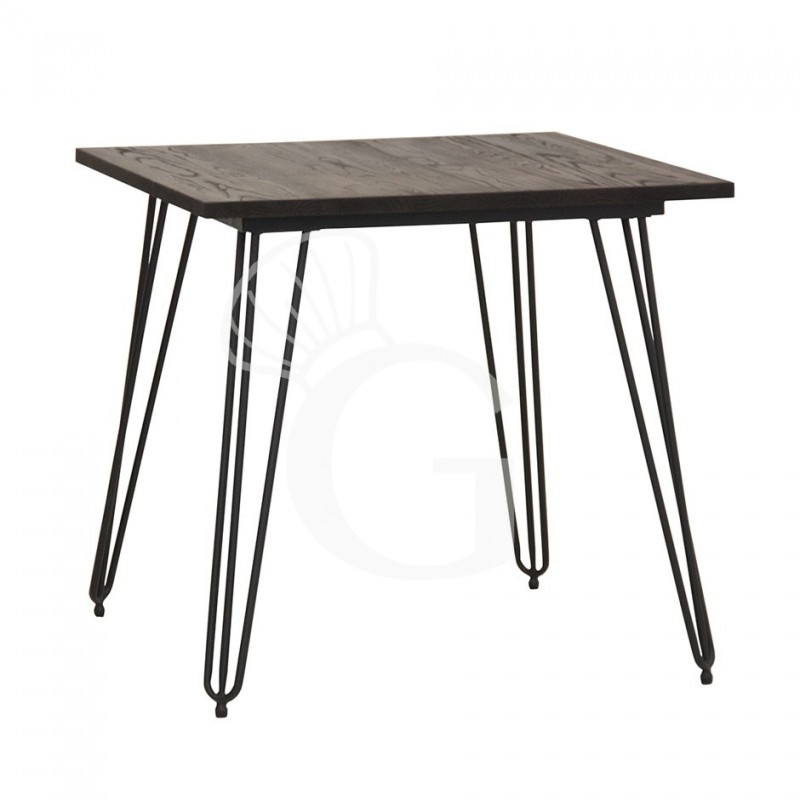 Mesa cuadrada de exterior en metal pintado y encimera de madera de dimensiones 800 mm x 800 mm
