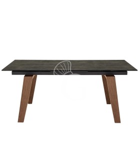 Mesa en metal pintado, patas de madera, tablero extensible en vitrocerámica