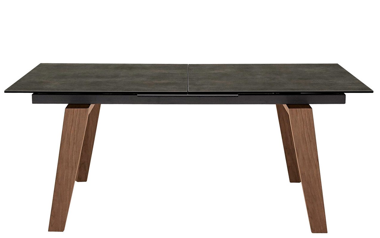 Mesa en metal pintado, patas de madera, tablero extensible en vitrocerámica