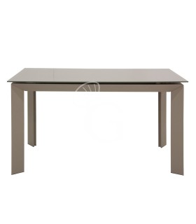 Mesa con estructura de metal pintado y tablero extensible de cristal, extensión en MDF lacado