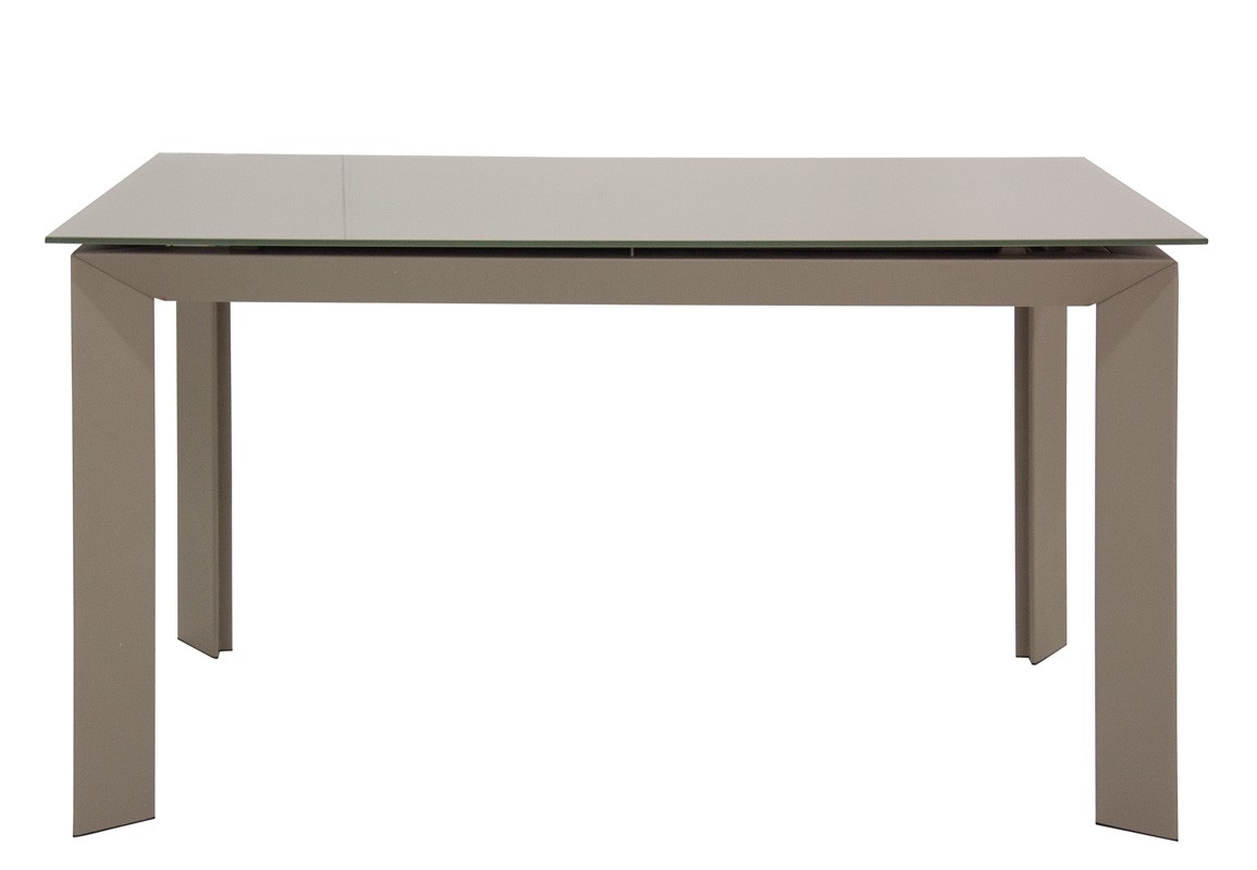 Mesa con estructura de metal pintado y tablero extensible de cristal, extensión en MDF lacado
